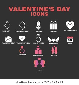Valentinstag-Symbolsatz mit Farbverlauf- und Flachdesign-Symbolen