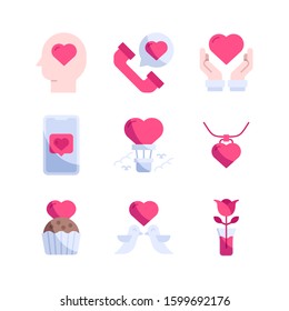 Valentines day icon set = head love, telephone, charity, smartphone, hot air balloon, necklace, cup cake, love birds, rose