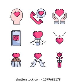 Valentines day icon set = head love, telephone, charity, smartphone, hot air balloon, necklace, cup cake, love birds, rose