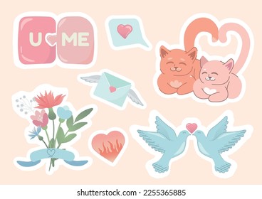 valentines day icon set. heart, romantic and love symbols. isolated vector images in flat style, flowers, cats, doves