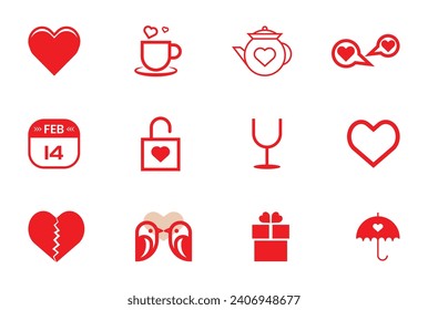 Valentines day icon set. heart, romantic and love symbols. isolated vector images in flat style design Template.