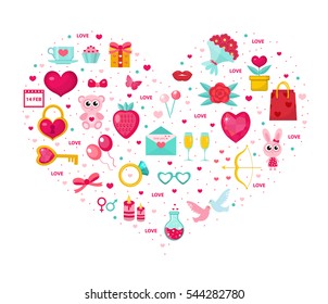 Valentines Day icon set in heart shape. Template for greeting card, poster, flyer. Love, romance collection. Vector illustration