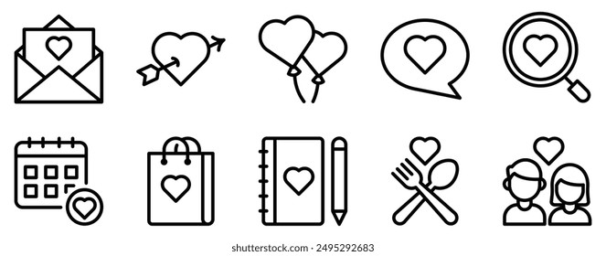 Valentines Day Icon Set Heartfelt Line Style Collection for Love and Romance