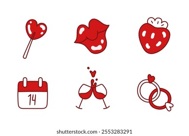 Conjunto de iconos de San Valentín. Iconos buenos para pegatinas, Elementos de diseño de postales, Anuncios de invitación, carteles y redes. Piruleta en forma de corazón, beso, fresa, dos vasos de vino, anillos de boda.