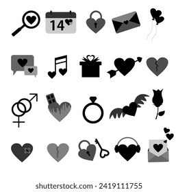 Valentine's day icon set isolated on white background. Including sweet chocolate , calendar, heart, broken heart, ring, flower, letter, gift, padlock. Valentine icon with black and white color