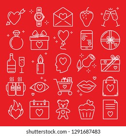 Valentines day icon set in line style. Love symbols collection including heart with arrow, diamond ring, gift boxes, rose. Vector illustration.