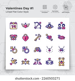 Valentine's day icon set in line flat color style with a love and heart theme. A Collection of love and romance vector symbols for Valentine's Day celebration.