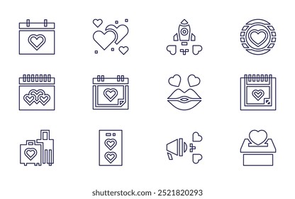 Valentine's day icon set. Line style. Editable stroke. bed, heart balloon, valentines day, gift, typewriter, heart, rocket, hearts, wedding day.