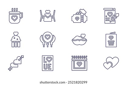 Valentine's day icon set. Line style. Editable stroke. chat, valentines day, flower bouquet, paper plane, parchment, love, romantic dinner, mug, love message.