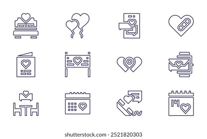 Valentine's day icon set. Line style. Editable stroke. chat, date, calendar, valentines day, wedding day, rainbow, kiss, megaphone, smartphone, honeymoon.