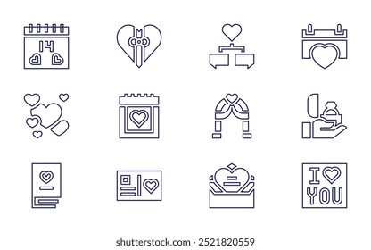 Valentine's day icon set. Line style. Editable stroke. love message, book, letter, postcard, heartbreak, couple, microphone, calendar, valentines day.