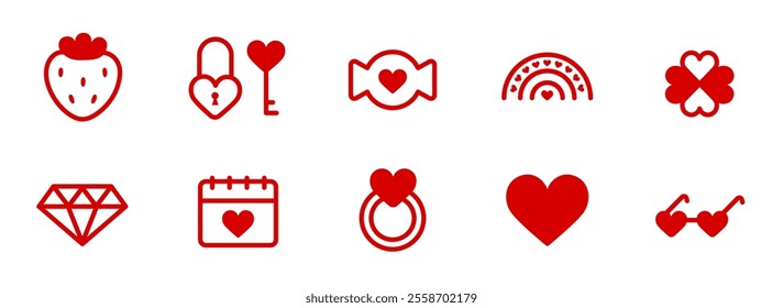 Valentine's Day icon set. Line stickers with concepts of love, romance, holiday, wedding, anniversary. Hearts, candies, flowers, rings, strawberries, diamonds, cherry, lock keys, clover. Red line art