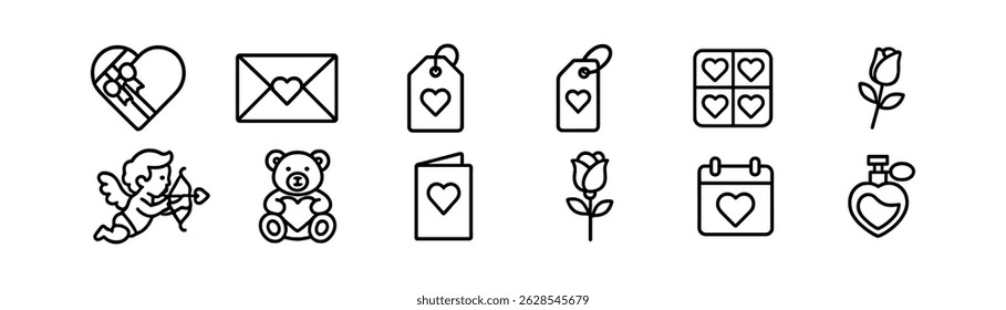 Valentine's day icon set - line style, love, romance, and gift symbols