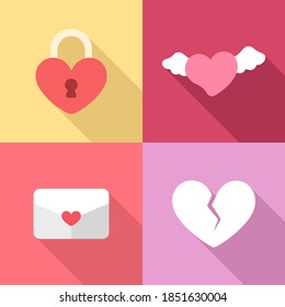 Icono del día de San Valentín con una larga sombra. Icono web, signo, símbolo, etiqueta, impresión de tarjeta, etc. Diseño simple de ilustración de vector plano. Padlock, corazón, letra de amor, corazón roto, ángel cupido.
