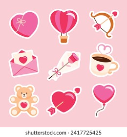 Valentines day icon set. Love, heart flat design elements for Valentine, wedding, anniversary decoration.Cute vector illustration style. Cartoon clipart.