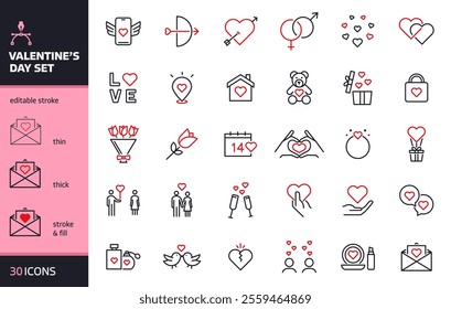 Valentine's day icon set – Love, romance, dating, gifts, wedding and celebration vector graphic elements. Editable stroke