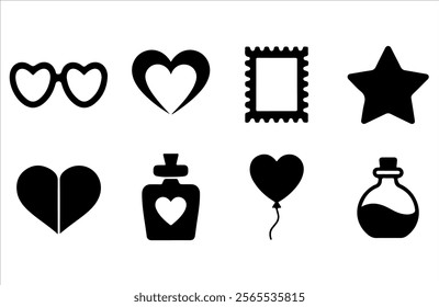 Valentine's day icon set, love icons,  Love Like sign, Heart Shaped Glasses, Photo Frame, Star, Perfume Bottle, Heart Balloon, Love Potion, vector illustrations. 