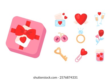 Valentines day icon set. Love letter pictogram. Romantic relationship pink symbols. Engagement or marriage ring and present sign. Heart shaped key and padlock illustration.