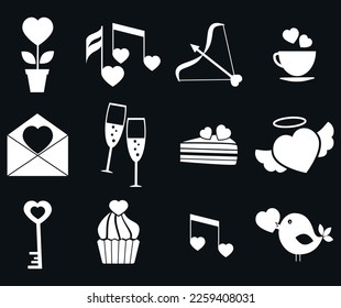 valentines day icon set. romantic, heart and love symbols. isolated vector images on black background	
