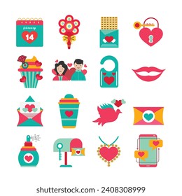 Valentine`s day icon set. Romantic design elements isolated on white background. Vector illustration