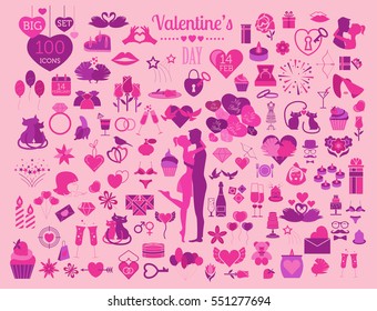 Valentine`s day icon set. Romantic design elements isolated on white. Vector illustration