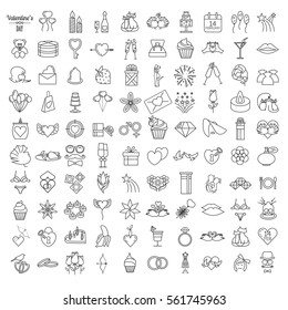 Valentine`s day icon set. Romantic design elements isolated on white. Thin line version. Vector illustration