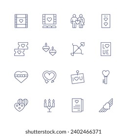 Valentine's Day icon set. Thin line icon. Editable stroke. Containing romantic film, romantic movie, tickets, candles, chocolates, cupid, chocolate, candle, married, bow, i love you, love letter.