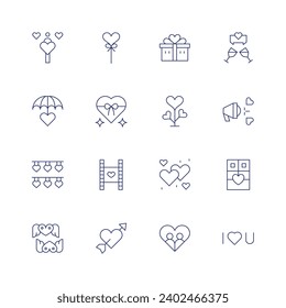 Valentine's Day icon set. Thin line icon. Editable stroke. Containing volunteering, heart, garland, hearts, lollipop, gift, chocolate box, video, tree of love, couple, toast, megaphone, chocolate.