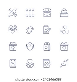 Conjunto de iconos de San Valentín. Icono de línea delgada. Trazo editable. Conteniendo género, pareja, regalo, libro, flecha, atracción, alas de corazón, amor, carta, pergamino, cuaderno, bolso, pastel, caja de regalo, cupido.