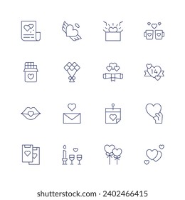 Valentine's Day icon set. Thin line icon. Editable stroke. Containing love letter, chocolate bar, chat, angel, flower bouquet, letter, dinner, open box, love message, balloons, cup, valentines, love.