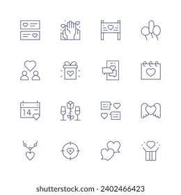 Valentine's Day icon set. Thin line icon. Editable stroke. Containing love message, love, calendar, necklace, gift, rose, banner, chat, conversation, ballons, valentines day, present, heart.