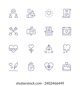 Valentine's Day icon set. Thin line icon. Editable stroke. Containing love message, arrows, gift, message, proposal, mailbox, flower, love, heart, typewriter, paper plane, present, love letter.