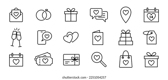 Valentine's day icon set. Valentine, heart, love outline sign. EPS 10