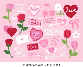 Conjuntos de iconos del Día de San Valentín como rosa roja, corazón rosado, flores, carta de amor para pegatinas, tatuajes, logo, tarjeta, decoración, impresión, signo, símbolo, ropa, moda, accesorios, pancartas, anuncios, fondo