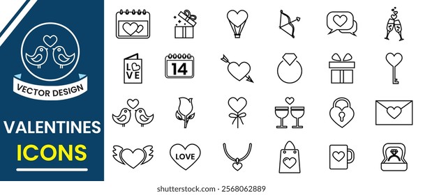 Valentine's Day icon, vector set. Valentines sign and symbol. Love icons, heart, love bird, gift, drink simple pictograms pack vector set. Vector illustration.