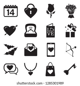 Valentine's Day Icons. Black Flat Design. Vector Illustration.