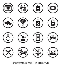 Valentine's Day Icons. Black Flat Design In Circle. Vector Illustration.