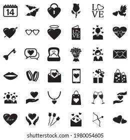 Valentine's Day Icons. Black Flat Design. Vector Illustration.