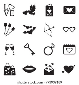 Valentines Day Icons. Black Flat Design. Vector Illustration. 