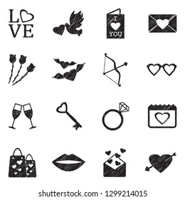 Valentines Day Icons. Black Scribble Design. Vector Illustration.