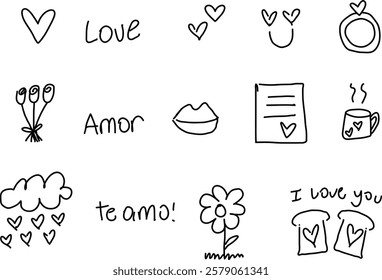 Valentine's Day Icons or Doodles to celebrate Love - Dibujos para San Valentin de Amor 