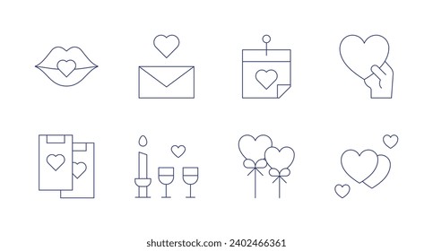 Valentine's Day icons. Editable stroke. Containing chat, letter, dinner, love message, balloons, love, kiss, hearts.