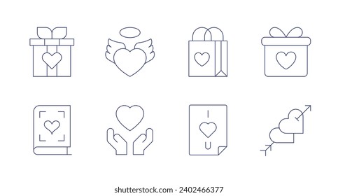 Valentine's Day icons. Editable stroke. Containing gift, book, heart wings, love, bag, poster, gift box, cupid.