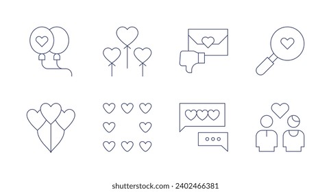 Valentine's Day icons. Editable stroke. Containing balloon, heart, hearts, heartbreak, texting, relationship, search.