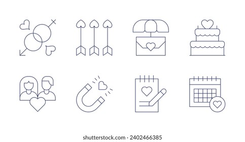 Valentine's Day icons. Editable stroke. Containing gender, couple, arrow, attraction, letter, notebook, cake, calendar.