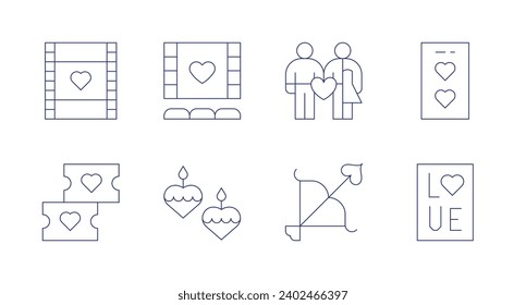 Valentine's Day icons. Editable stroke. Containing romantic film, romantic movie, tickets, candles, married, bow, smartphone, love message.