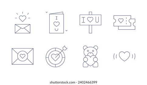 Valentine's Day icons. Editable stroke. Containing letter, love letter, target, love message, teddy bear, card, beat, ticket.