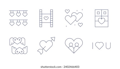 Valentine's Day icons. Editable stroke. Containing garland, hearts, video, heart, couple, chocolate, love.