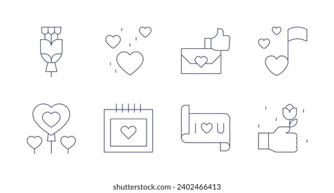 Valentine's Day icons. Editable stroke. Containing bouquet, balloon, love, love message, message, hope, date, love song.