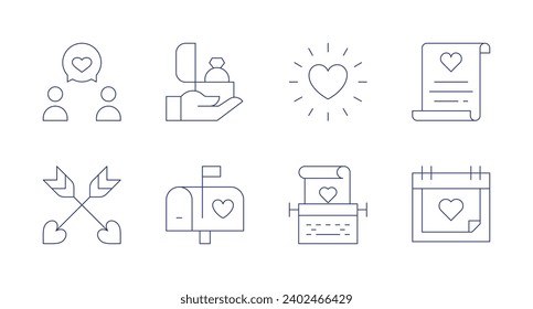 Iconos del Día de San Valentín. Trazo editable. Conteniendo mensaje de amor, flechas, proposición, buzón, corazón, máquina de escribir, carta de amor, Día de San Valentín.